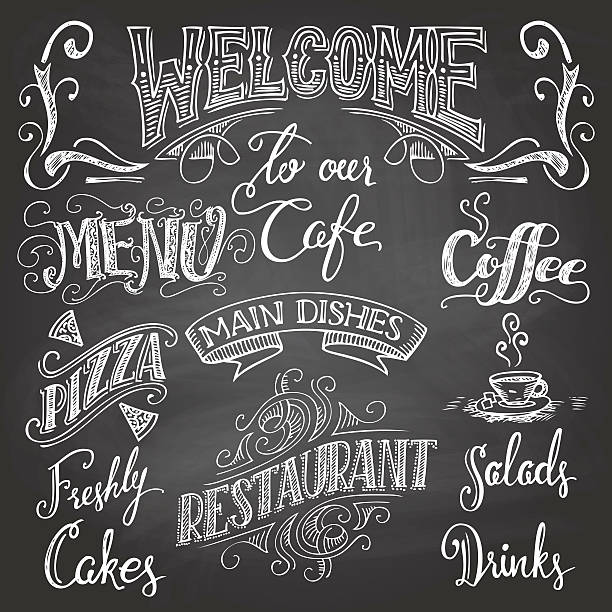 Cafe chalkboard hand-lettering Set of hand-drawn lettering for cafes and restaurants on the chalkboard background breakfast borders stock illustrations