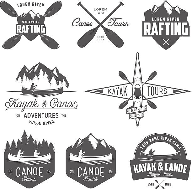 illustrazioni stock, clip art, cartoni animati e icone di tendenza di set di emblemi in kayak e in canoa, distintivi ed elementi di design - canoa