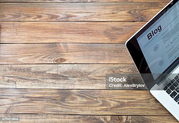 Desk Of Blogger Stock Photo - Download Image Now - Blogging, Wood - Material, Laptop