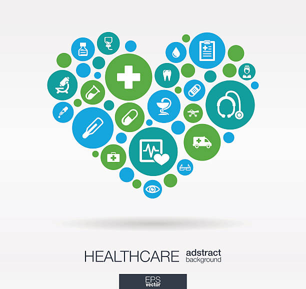 Heart shape medical illustration: connected color circles, integrated flat icons Color circles with flat icons in a heart shape: medicine, medical, health, cross, healthcare concepts. Abstract background with connected objects in integrated group of elements. Vector illustration. international drawings stock illustrations