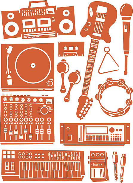 Music gear A pack of musical equipment amplifier plug stock illustrations