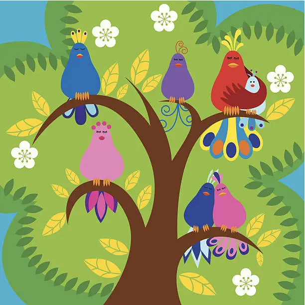 Vector illustration of Birds on a blooming tree