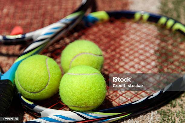 Tennis Ball And Racquet On The Court Stock Photo - Download Image Now - Horizontal, No People, Photography