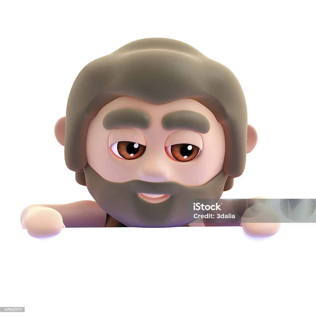 3d Caveman peeps over 3d render of a caveman looking over the top of a blank space Adult Stock Photo