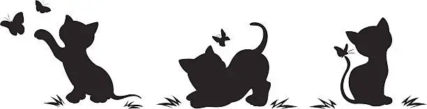 Vector illustration of Silhouettes of cats with butterflies