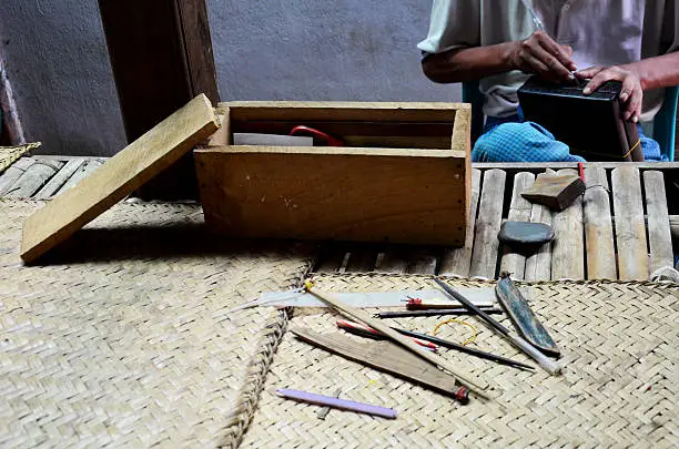 Photo of Burmese people carving Lacquerware