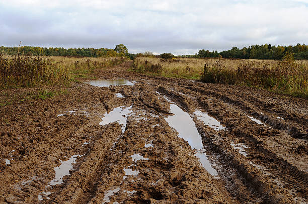 desordenado rural carretera de tierra después de la lluvia - lodo fotografías e imágenes de stock