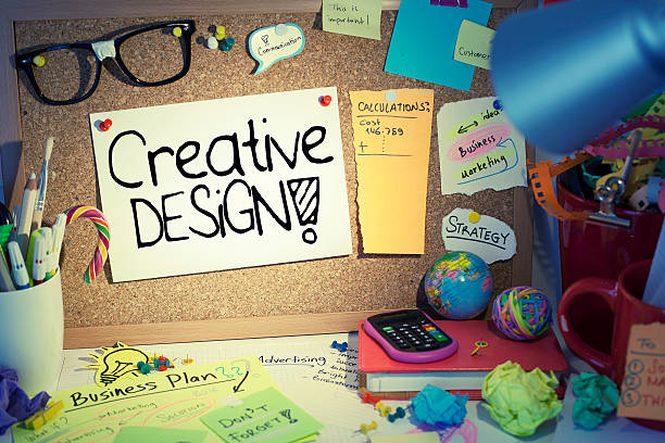 Creative Design Concept Creative design note on bulletin board in a messy office interior as creativity, inspiration, ideas, visual art designs concept. product designer photos stock pictures, royalty-free photos & images