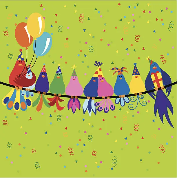 Vector illustration of Family of birds at a birthday party