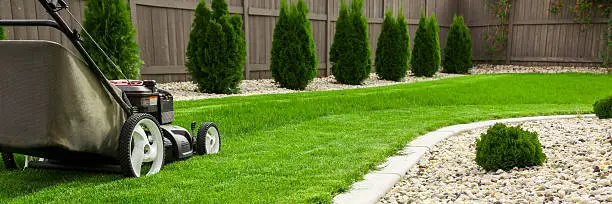 Photograph of lawn mower on the green grass. Mower is located on the left side of photograph with low angle view on grass field. 