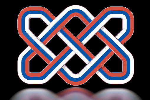 Simple Celtic knot in the colours of the Russian national flag (white over blue over red). The starting colours are accurate, as officially specified. This is a render of a model where the cross-overs between the strands happen in 3D, as they would be in an actual knot. This is why each cross-over generates a shadow, and the object casts a reflection. This file comes with a clipping path that will isolate the knot from its background.