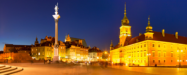 Castle Square or Plac Zamkowy in the historic center of Warsaw, Poland, photographed at night.