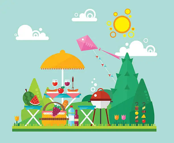 Vector illustration of Flat summer picnic landscape: umbrella, basket with food, fruits, barbecue