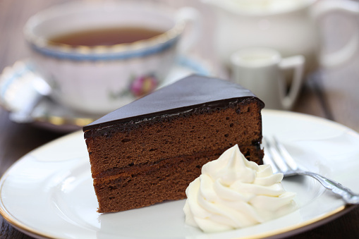 homemade sachertorte, Austrian chocolate cake and tea
