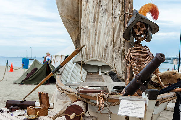 Long Beach, CA, USA - June 27, 2015: The Pirate Invasion, a pirate and mermaid themed festival was held at the Belmont Veterans Memorial Pier. An exhibit shows pirate related props and weaponery.