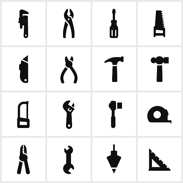 Hand Tool Icons Common hand tools for construction and repair. All white strokes/shapes are cut from the icons and merged allowing the background to show through. plumb line stock illustrations