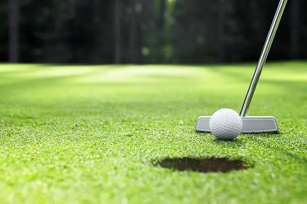 The ball at the hole on the golf course