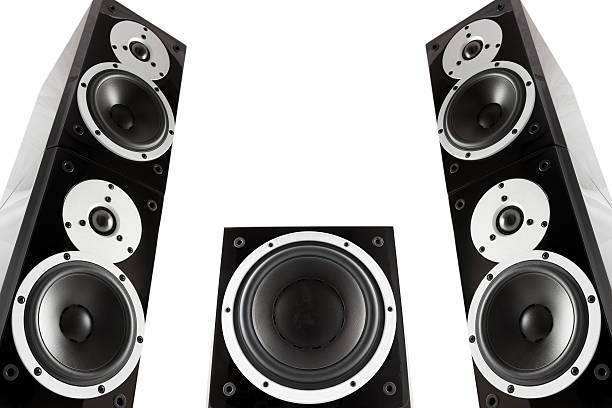 Pair of music speakers and subwoofer Pair of black high gloss music speakers and subwoofer isolated on white background home cinema system stock pictures, royalty-free photos & images