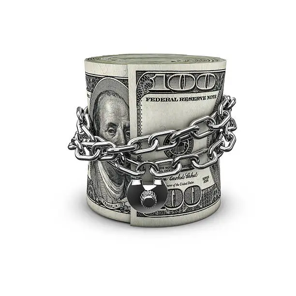 3D render of locked chain around rolled up hundred dollar bills
