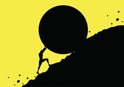 a silhouette style illustration of a man pushing a giant rock up the hill to illustrates strong will and determination