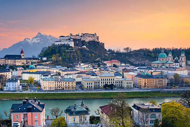 Image of Salzburg during twilight dramatic sunset.