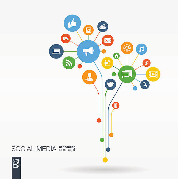 Abstract social media background with lines, connected circles, flat icons. Abstract social media background with lines, connected circles, integrated flat icons. Growth flower concept with network, computer, technology, speech bubble icon. Vector interactive illustration. one point perspective person stock illustrations
