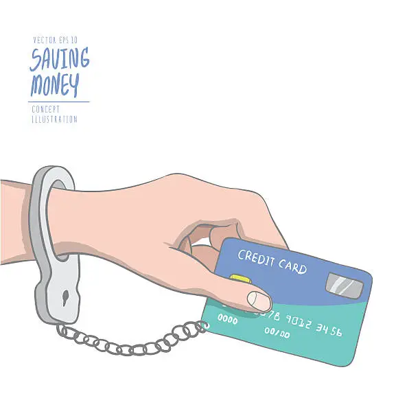 Vector illustration of Hand handcuffed tethered to credit card. Drawing paint flat vector.