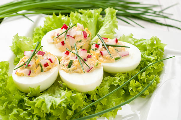 istock Stuffed eggs on lettuce with chives garnish 479450385
