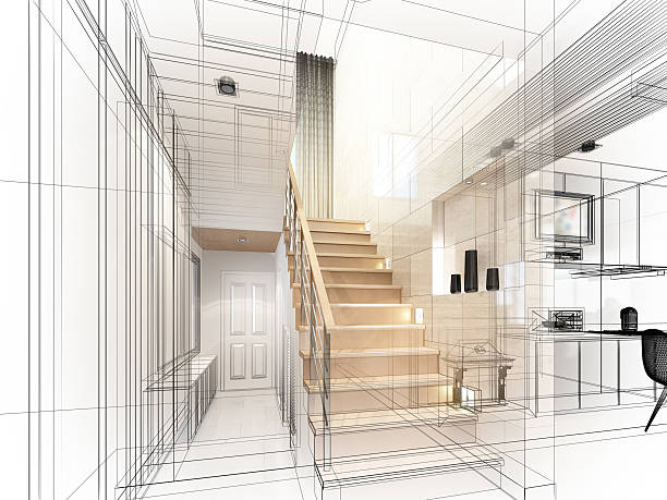 istock sketch design of stair hall ,3dwire frame render 479455626