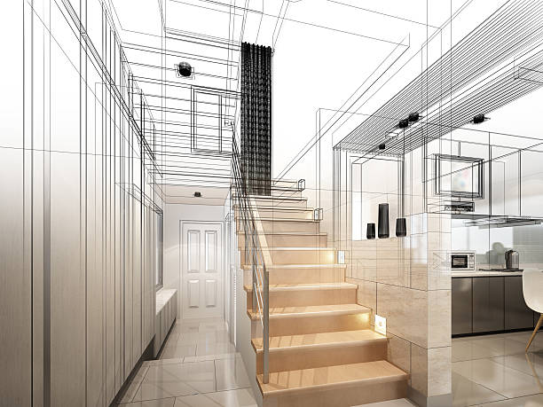 istock sketch design of stair hall ,3dwire frame render 479456154
