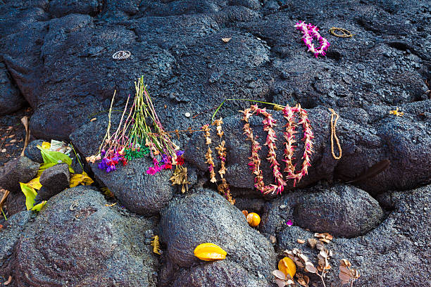 Gifts left for the goddess of volcanoes Pele on molten lava, Big Island, Hawaii