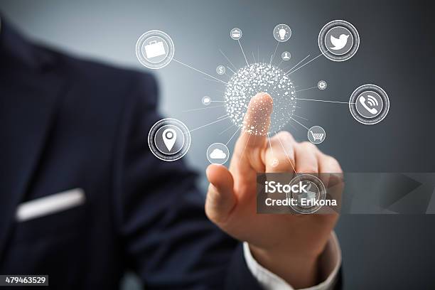 Businessman Touching Button Stock Photo - Download Image Now - Adult, Bag, Business