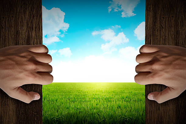 istock Man hand open door into outside 479464260