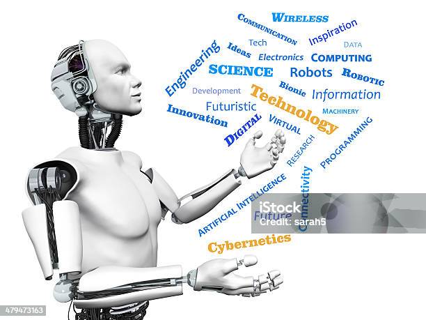 Male Robot With Technology Theme Word Cloud Stock Photo - Download Image Now - Adult, Artificial, Cable