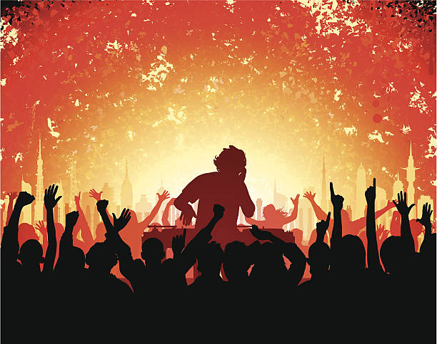 DJ DJ with a crowd and city behind. Each person is separate. The guitarist is complete and the people in the crowd are complete down to the waste. Each building is separate and complete. dj decks stock illustrations
