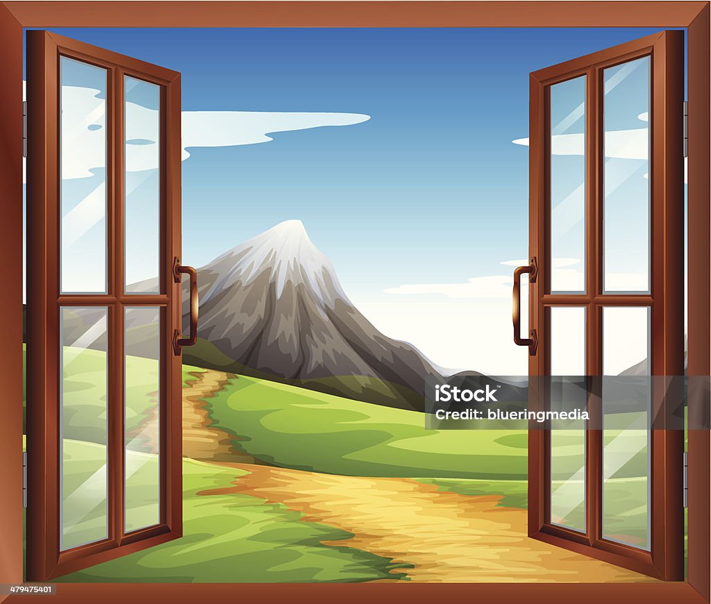 Ventana abierta frente a la montaña - arte vectorial de Agarrar libre de derechos