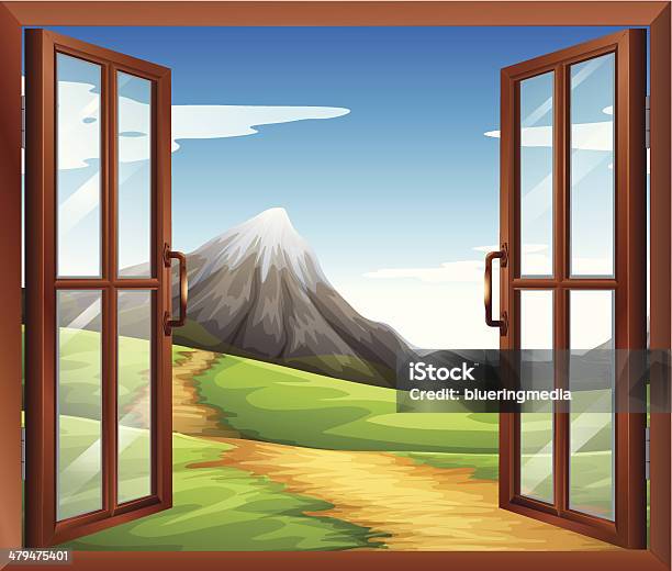 Ilustración de Ventana Abierta Frente A La Montaña y más Vectores Libres de Derechos de Agarrar - Agarrar, Aire libre, Colina