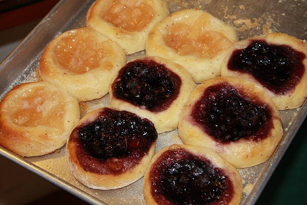 Eastern Iowa Kolache Pastries Traditional open-faced kolaches are a popular pastry in eastern Iowa. They feature an array of fruit fillings and reflect the Czech/Bohemian rural heritage of the area. kolache stock pictures, royalty-free photos & images