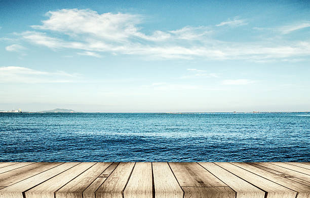 istock Wood, blue sea and sky background 479480092