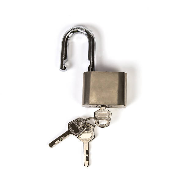 istock Mealic padlock with the key on white background 479481052