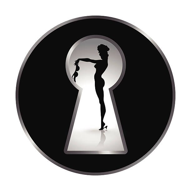 Vector illustration of beautiful female figure. Silhouette of a woman seen through a keyhole. Erotica or striptease. Temptation of love. Composition in disk. woman spying through a keyhole stock illustrations