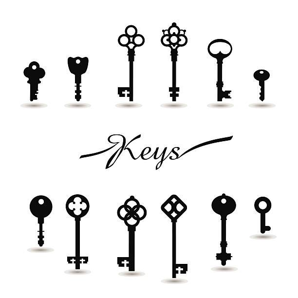 Vector Illustration of Vintage keys. Black & white set silhouettes of keys different shapes. antique key stock illustrations