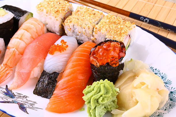istock Tasty sushi with red caviar and wasabi 479486137