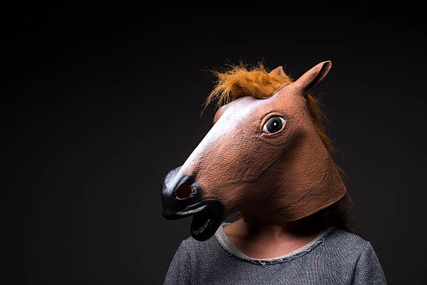 ritratto di testa di cavallo persone - horse men animal head bizarre foto e immagini stock