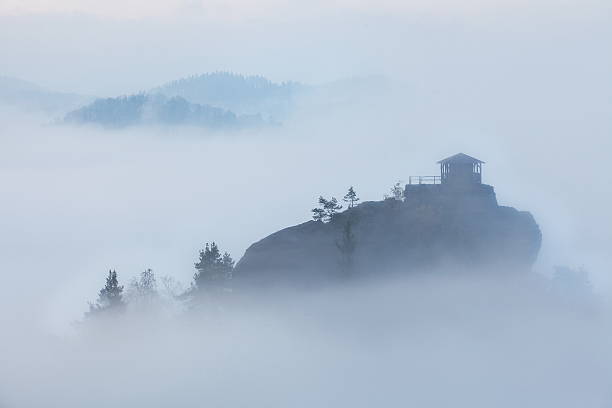 Observation Vilemina in Czech Switzerland, blurred by fog in typical mistery morning