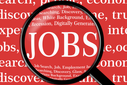 Red word jobs with magnifying glass.