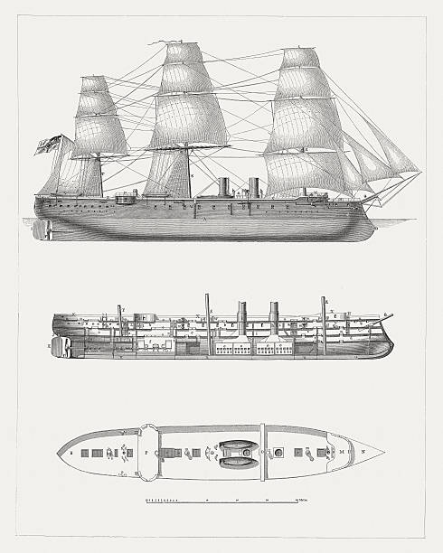 illustrazioni stock, clip art, cartoni animati e icone di tendenza di tedesco nave da guerra, pubblicato in 1878 - fregatte