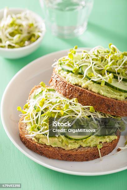 Healthy Rye Bread With Avocado Cucumber Radish Sprouts Stock Photo - Download Image Now