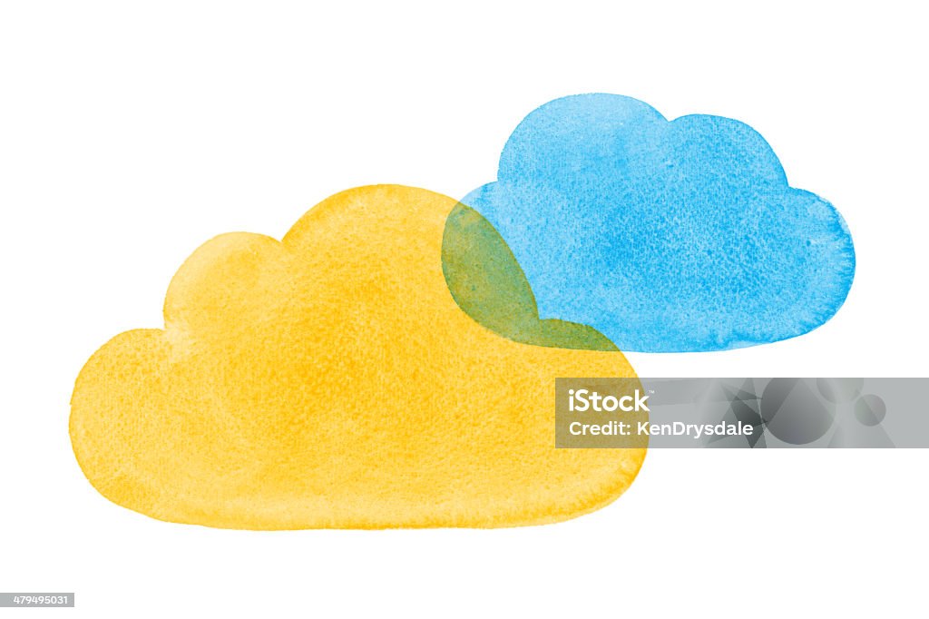 Watercolor Painted Social Networking Clouds Blue Yellow Orange Social networking and global computing infographic cloud symbols handpainted in watercolor. Communication Stock Photo