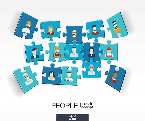 Abstract social background, connected color puzzles, integrated people flat icons Abstract social background with connected color puzzles, integrated flat icons. 3d infographic concept with people, technology, network and media pieces in perspective. Vector interactive illustration one point perspective person stock illustrations